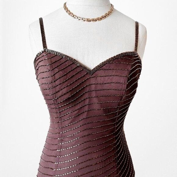 Vintage Y2K Brown Beaded Silk Knee Length Side Slit Bodycon Dress Size XS - Picture 5 of 7